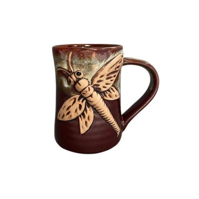 China 450ml Viable Embossed Unique Hand Painted Embossed Mug Dragonfly Beer Mug Stoneware Water Reactive Luster Vivid Animal Embossed Coffee Milk Mug for sale