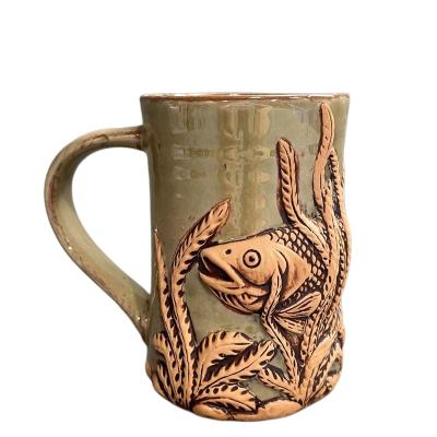 China 450ml Sustainable Embossed Hand Painted Stoneware Water Cup Sea Fish Seaweed Unique Coffee Mug for sale