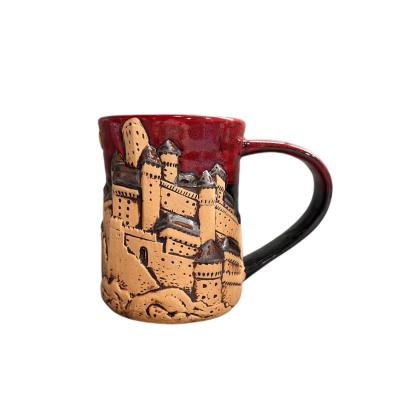 China 15oz Sustainable Embossed 3D Brush Hand Painted Stoneware Water Cup Unique Antique Castle Coffee Mug for sale