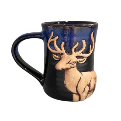 China 450ml Viable Embossed Mug Unique Antique Reactive Stoneware Luster Wild Animal Elk Reindeer Embossed Coffee Mug for sale