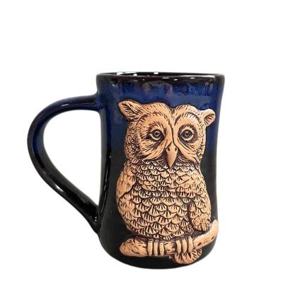 China 450ml Sustainable Embossed Unique Antique Luster 3D Owl Stoneware Brush Water Mug Reactive Coffee Mug for sale