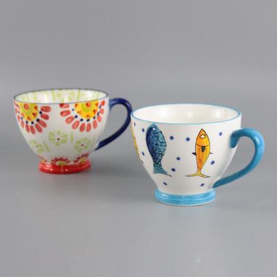 China Vintage 400ml Nordic Ceramic Hand Painted Happy Animal Flowers Round Cup Footed Ceramic Stamped Mug for sale