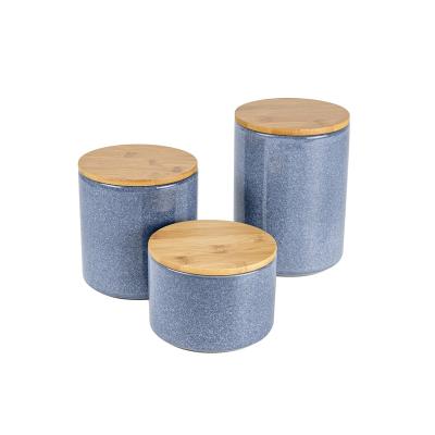 China Ceramic Cover Sugar Tea Coffee Rice Snacks Kitchen Storage Canister With Lid Silicon Gasket Ring Stoneware Bamboo Food Storage Jar Sets for sale