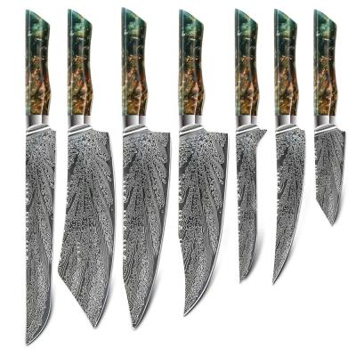 China Viable Color Resin Handle 73 Layers AUS 10 Japanese Chef Knife Set Damascus Steel Kitchen Knife Set for sale