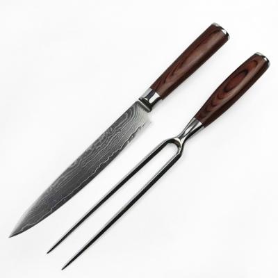 China Sustainable 2pcs Japanese Steel Knife and Fork Set Damascus Chef Knife Set Carving Knife Set for sale