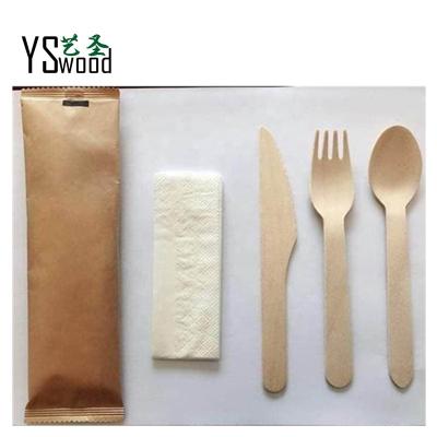 China Birch Wood Disposable Wooden Cutlery Set Individual Paper opp Wrapped Cutlery Set with Napkin Take-away Airline for sale