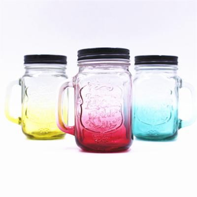 China OEM Handle Gradient Color Wide Mouth Square 480ml Juice Tea Drinking Glass Jar for sale