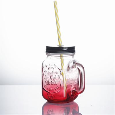 China Red Color 480ml Sustainable Wide Mouth Printing Square Handle Juice Glass Jar With Straw for sale