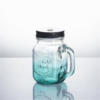 China 480ml Sustainable Customized Wide Mouth Color Glass Water Square Handle Juice Jar With Straw for sale