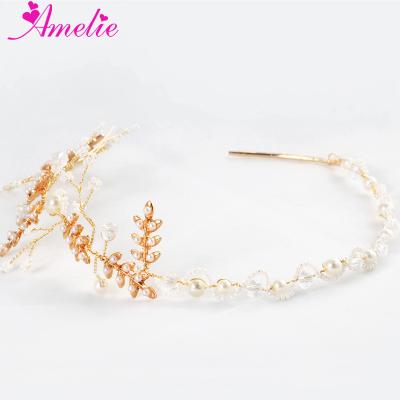 China Wedding Beaded Tiara Leaf and Tiny Pearls Party Bridesmaid Headband Wedding Hair Vine Pearl Headband Boho Wedding for sale