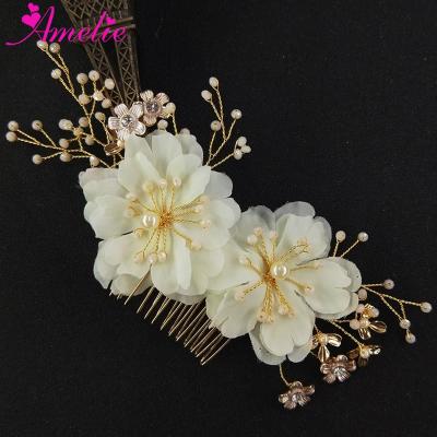 China Bridal Tiara Wedding Flower Hair Combs Organza Flower and Pearl Rose Hair Combs Bridal Dress Hair Jewelry Accessory for sale