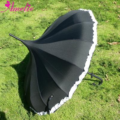 China A0423 Gothic Black Pongee Pagoda Parasol With Flower Trim for sale