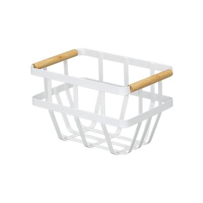 China Modern Decorative White Metal Wire Storage Kitchen Bathroom Home Viable Tabletop Organizer Basket With Wood Handle for sale