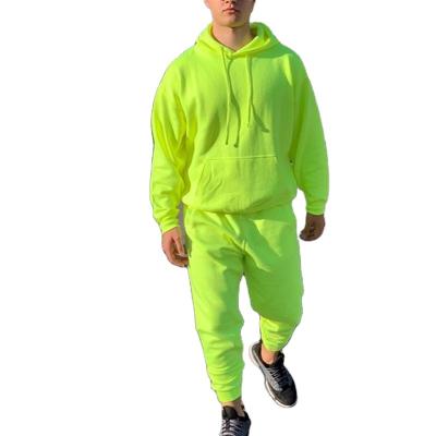 China Anti-Wrinkle Style Neon Green Men's Fashion Tracksuit Solid 2 Pieces Long Sleeve Hoody+Loose Swear Pants 2021 Men's Casual Sportsuit OMS Newest for sale