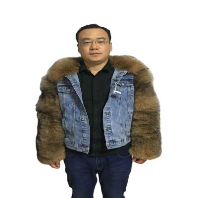 China New arrival QUICK DRY denim jacket with custom real Fox fur sleeve fox fur coats for man Te koop