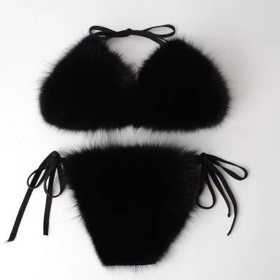 China High Quality Real Fox Fur Bikini Plus Size Fur Bra Suit Swimwear for sale