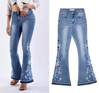 China Wholesale Breathable Embroidered Plus Size Bell Bottom Wide Leg Ladies High Waisted Women's Jeans for sale