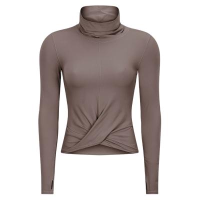 China 2021 Women's Breathable Adctivewear Turtle Neck Wrap Edge Fitness Fashionable Plain Long Sleeve Shirts Yoga Tops for sale