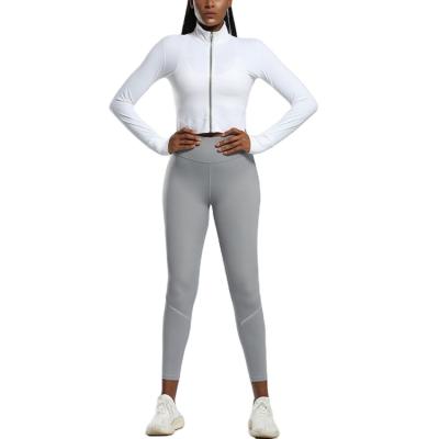 China New Breathable Support Collar Zipper Up Crop Top Reflective Stripes Yoga Pant Sets for sale