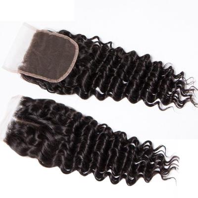 China Free Customized Design 4x4 Deep Wave Virgin Hair Swiss Deep Wave Vendors Transparent Malaysia Lace Closure And Headband for sale