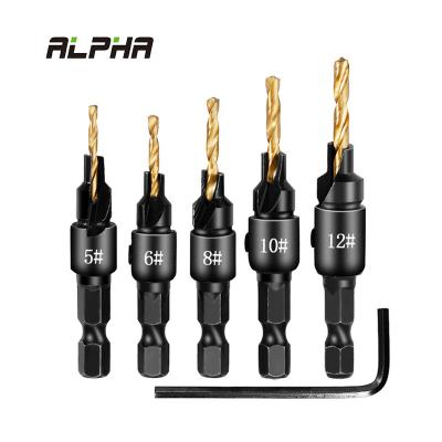 China ALPHA TiN Coated Wood Drill Bit Wood Working Screw Files #5 #6 #8 #10 #12 Countersink Drill Woodworking Drill Bit Set for sale