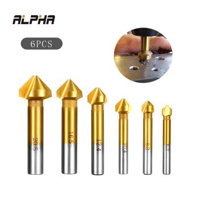 China ALPHA Round Shank 6pcs 6.3-20.5MM 3 Flute 90 Degree HSS Chamfer Cutter End Mill Tool Countersink Chamfering Drill Bit Set AMWD006 for sale