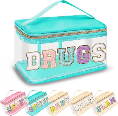 China Chenille embroidery alphabet makeup bag Transparent waterproof PVC portable storage bag for sale