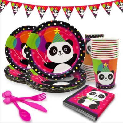 China New disposable panda 81pcs/set children's cartoon birthday party supplies, paper cups, dishes, disposable tableware for sale