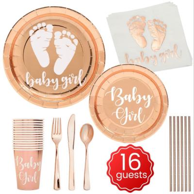 China 129pcs/set Rose Gold Disposable Birthday Party Set Baby Paper Plates Golden Children's Birthday Decoration Disposable Tableware for sale