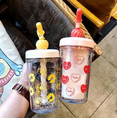 China Sustainable Cartoon Printing Double-Layer Anti-Perm Cup Straw Lovely Girl Heart Plastic Cup for sale