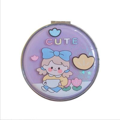 China New product small cartoon little girl cartoon quicksand round mirror portable round decorative creative folding mirror makeup mirror for sale