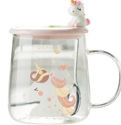 China China creative lovely unicorn glass home transparent glass cup Institut de la statistics water big milk breakfast cup gift for sale