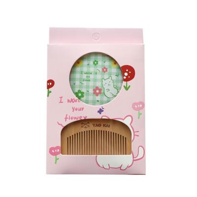 China Decorative Wooden Comb Tin Mirror Comb Set Female Student Mini Portable Makeup Round Mirror for sale