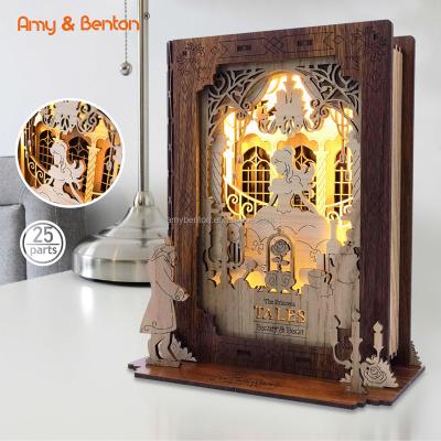 China EUROPEAN Amazon Hot Sale Home Decor Night LampVintage DIY Wooden Beauty and Beast Fairy Tale Bed Lamp for Child and Adult for sale