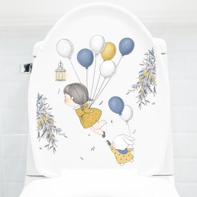 China Self-adhesion balloon flower toilet stickers bathroom toilet lid stickers decorative cute girl PVC waterproof wall stickers beautiful for sale