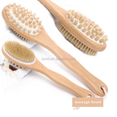 China Multifunctional double-faced wood&bristles bath brush with 100% natural,wooden dry massage long handle,gently exfoliate skin zu verkaufen