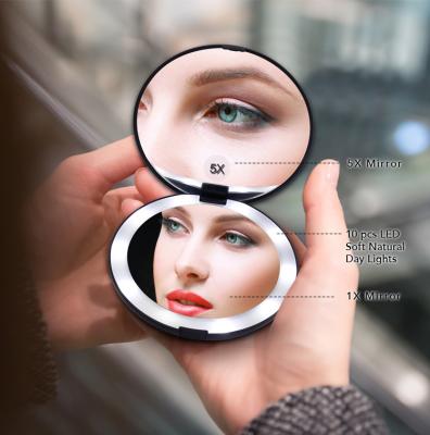 China Lighted Retouch Dimmable LED Compact Mirror Vanity Lipstick Makeup Mirror With 5X Magnifier for sale