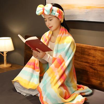 China Plush Ready To Ship Makeup Partner Soft Flannel Bow Headband Travel Blanket Set for sale