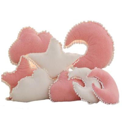 China Cloud shaped pillow stuffed with PORTABLE Nordic style pink and plush white with small white balls around for sale