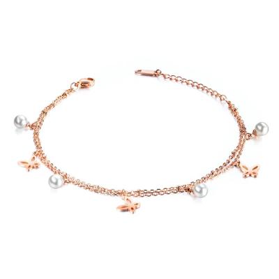 China CLASSIC Fashion Jewelry Rose Gold Plated Charm Pearl Anklet Bracelet Stainless Steel Butterfly Anklet Chain for sale