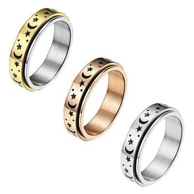 China TRENDY jewelry tarnish free moon star design spinner ring swirl stainless steel gold worry rotating ring for sale