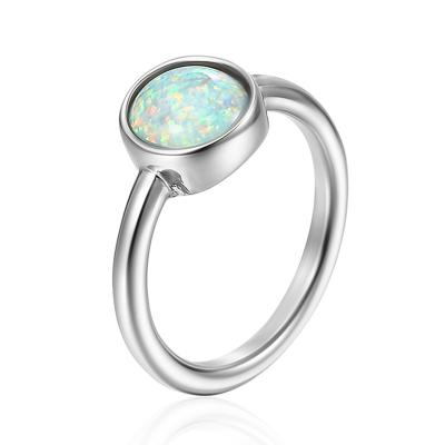 China Anel Women Fashion High Quality Round Opal Birthstone Ring Elegant Stainless Steel Engagement Ring Wedding Jewelry for sale