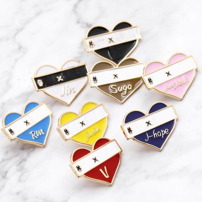 China Wholesale KPOP Bangtan Boys Member Heart Shaped Name Brooch Pin Badge Nickel Free Plated Clothing Pin Bag Accessory Fans Gift L657 for sale