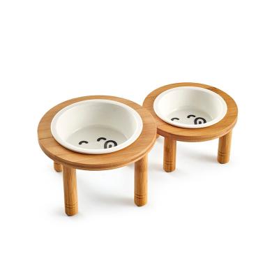 China Cat Dog Bowl Ceramics Pet Bowl Single Viable Bamboo Bottom Water Food Dish Dual-Use Pet Feeding Supplies for sale