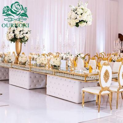 China Luxury Stainless Steel Gold Frame Rectangle Glass Top Dining Table Convertible Wedding Furniture For Wedding for sale