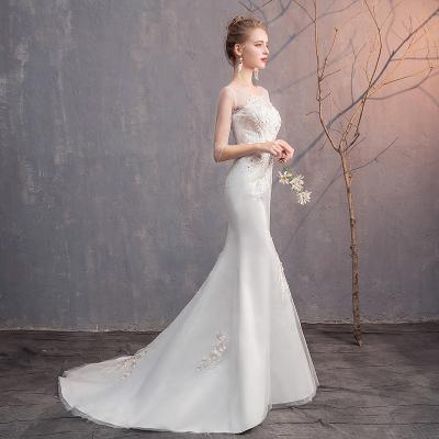 China Wedding Dress Wedding Dress Slim Fit Tow Wedding Dress Fashion Double-Shoulder Round Neck Wedding Dress Lace Mesh Mermaid Wedding Dress Temperament Dry Cleaning Small for sale