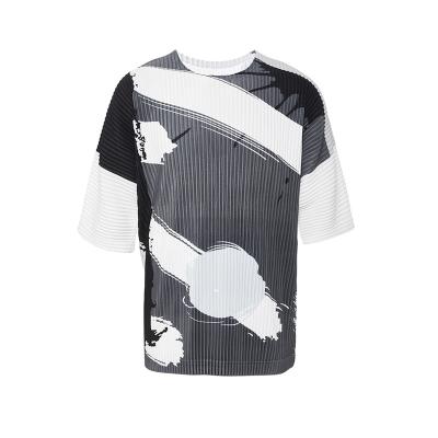 China FXZ Wholesale Mens QUICK DRY Stain Print O Neck Top Short Sleeves Pleated T-Shirt for sale