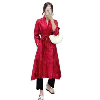 China New design plus size FXZ loose waist pleated trench coat fashion belt ladies coats women long for sale