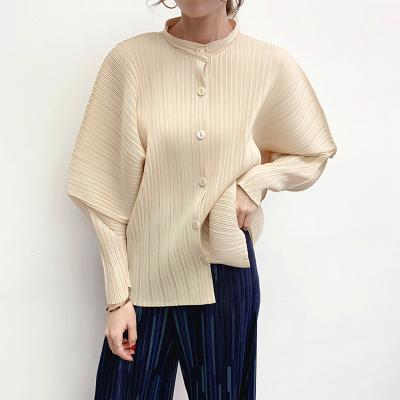 China FXZ Tangerine Breathable Stand Collar Solid Color Pleated Blouse Ladies Long Sleeve Blouse Casual Pleats Satisfy Women Shirt for sale