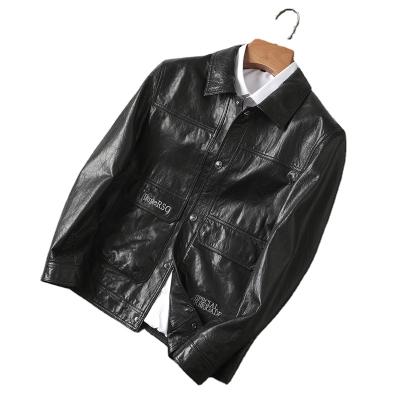 China New China Viable Men's Haining Outwear Genuine Leather Oil Skin Cowhide Leather Jacket Coat Slim Casual Jacket With Embroidery for sale